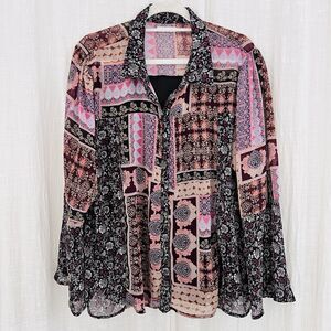 Maurices Pink & Black Floral Billowy Flowy Chiffon Blouse Boho - Plus Size 2X